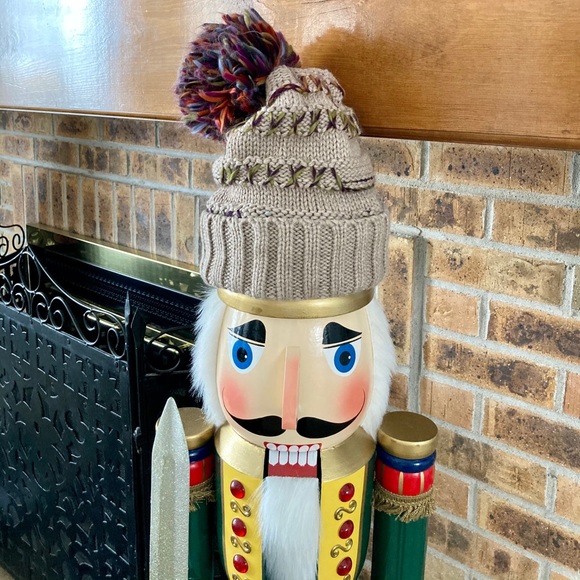 NWT Taupe Knit Hat with Large Multi Colored Pom - Picture 5 of 5